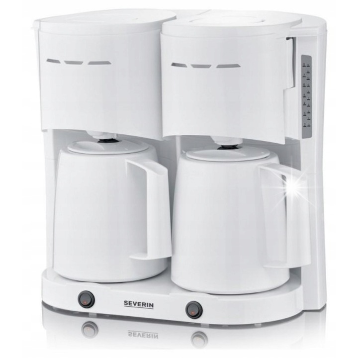 Cafetiera filtranta Severin KA 9314, dubla cu 2 carafe termice, 2000 W, rezervor 2.5 l, alb