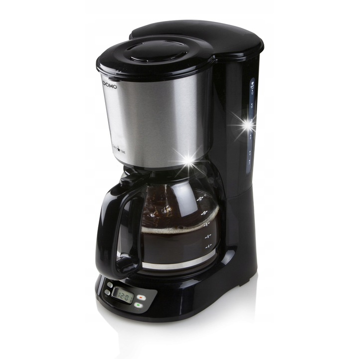 Cafetiera cu filtru Domo DO1065K (9CR178E01M) programabila, 1,5 l, 1000 W, 12 cesti, carafa de sticla, indicator nivel apa, antigpicare, plita mentinere caldura, negru/inox