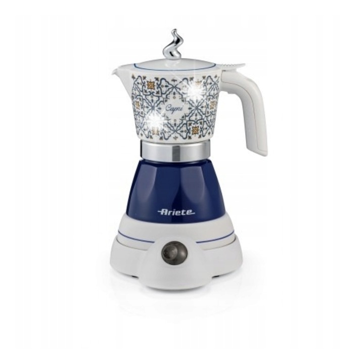 Espressor moka electric Ariete 1358 Capri pentru cafea macinata, 400 W, baza rotativa 360° fara fir, mentinere caldura 30 min, albastru, 4/2 cesti (≈100 ml)