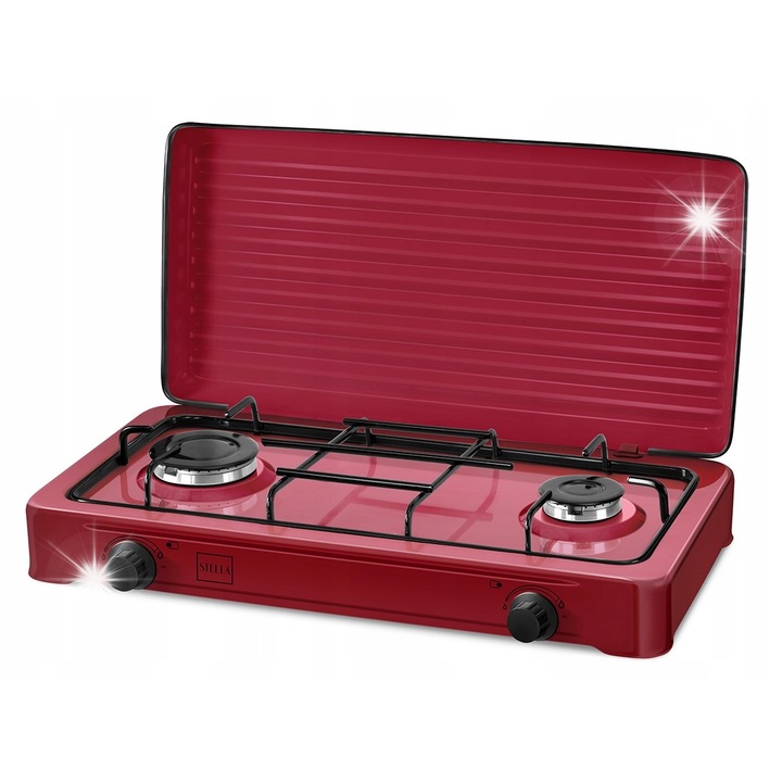 Aragaz portabil pe gaz Stella STKGR-02 ACU8C95HHA98P, emailat, 2 arzatoare, reglare continua, cu capac, rosu