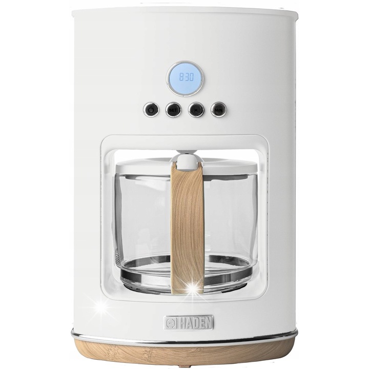 Cafetiera prin picurare Haden Dorchester HAD209290 (EJ6IDF4W), 1080 W, timer programabil si functie intarziere, filtru permanent zmeabil, pastrare caldura 120 min, anti-drip, alb cu detalii lemn, 1,5 l