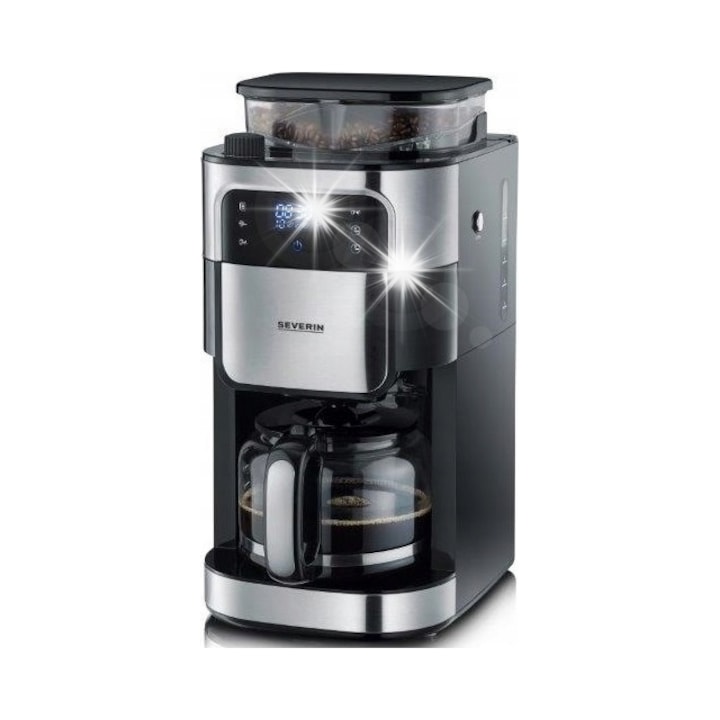 Cafetiera cu filtru Severin KA 4813 cu rasnita incorporata, 1,25 l (10 cesti), recipient boabe 200 g, 1000 W, afisaj LED tactil, temporizator, pastrare cald 60 min, inox/negru