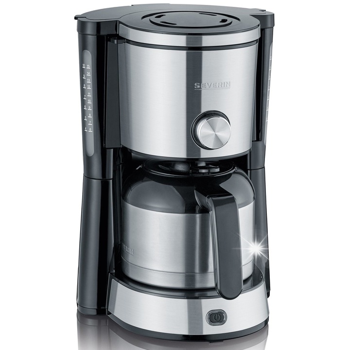 Cafetiera cu filtru Severin KA 4845, 1000 W, carafa termica, reglare tarie cafea, oprire automata, filtru detasabil, negru/argintiu, rezervor 1.25 l, carafa 1 l