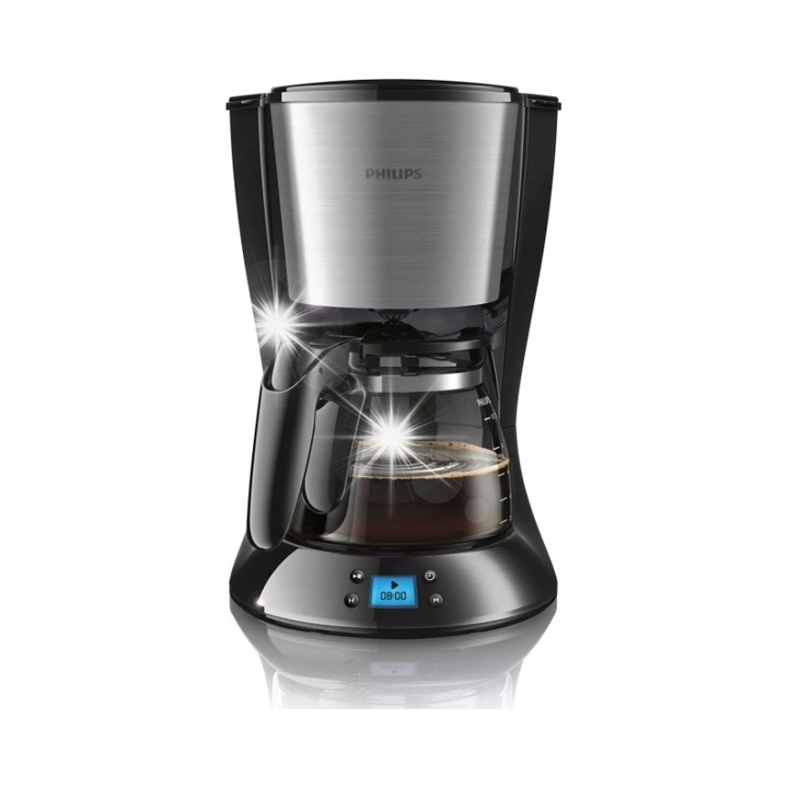 Cafetiera cu filtru Philips HD7459/20 (Q975JWQP29M1) 1000 W, Aroma Twister, ceas LCD, carafa din sticla 1,2 l, negru/metallic