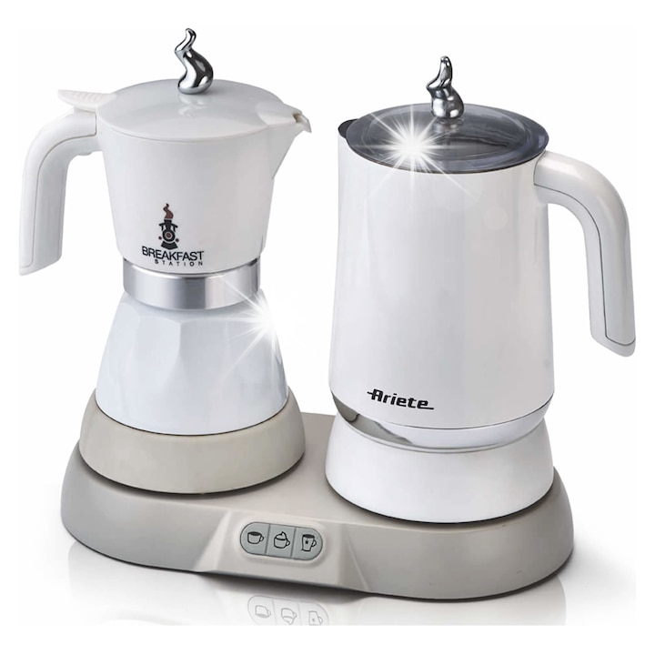 Statie de mic dejun Ariete 1344 (9OBS2J294L3DNF), cafetiera moka, spumant de lapte si fierbator, 500 W, alb, 32 x 15 x 24 cm