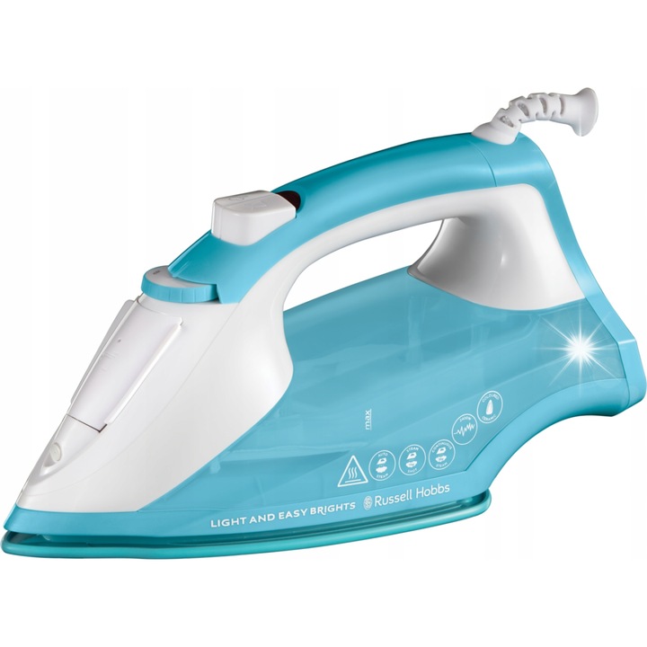 Fier de calcat cu abur Russell Hobbs Light & Easy Brights ELD3EK89I, 2400 W, talpa ceramica cu solutie pentru inmuierea tesaturii, uderare abur 115 g, abur continuu 35 g, rezervor 240 ml, Auto‑steam, anti‑calcar, anti‑picurare, Aqua/alb