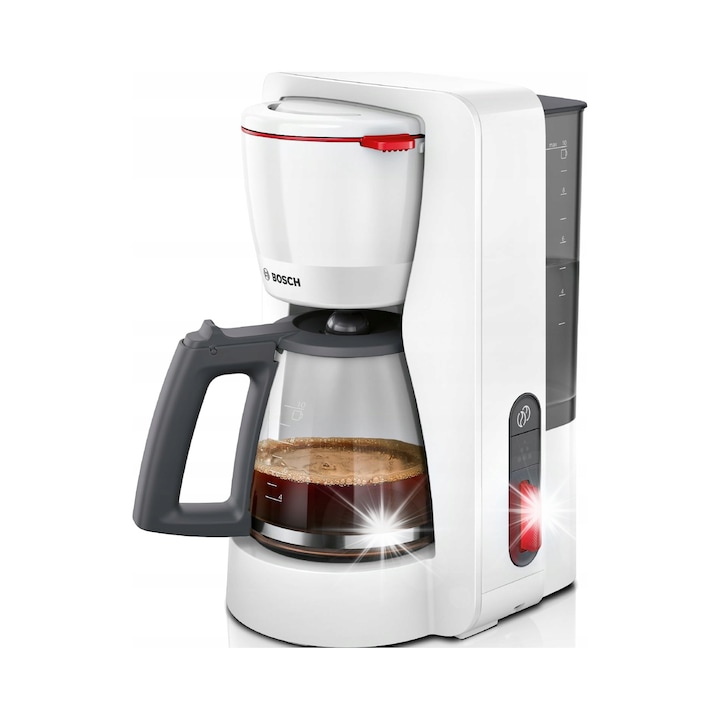 Cafetiera cu filtru Bosch MyMoment TKA3M131, 1200 W, carafa de sticla 1,25 l, Aroma+, pastrare caldura 60 min, rezervor detasabil, program decalcifiere, alb mat