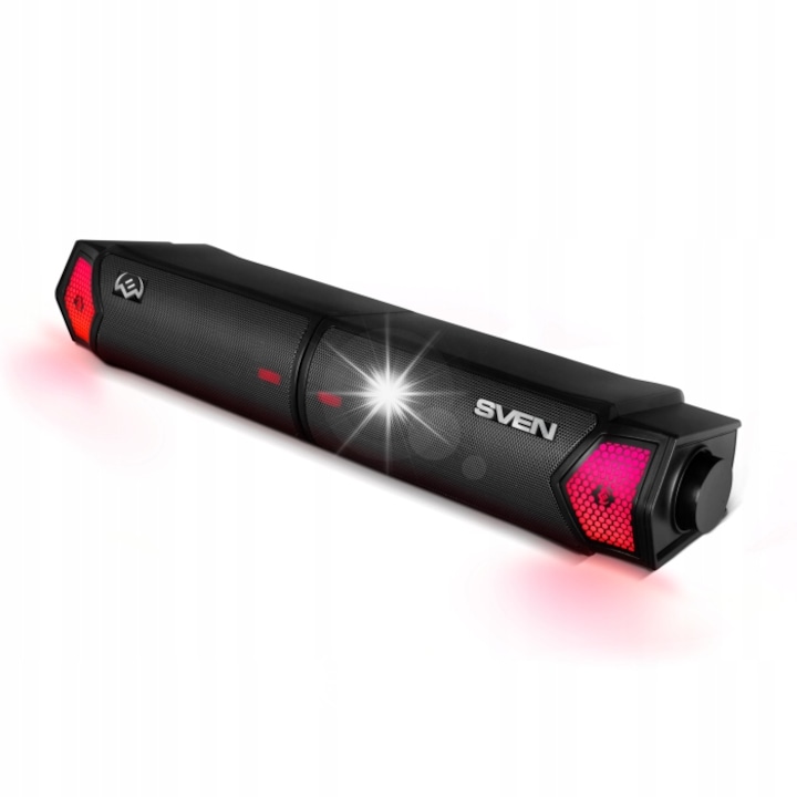 Soundbar gaming SVEN SB-G1450 (Y9BKWG2J2) Split 2.0, Bluetooth, RGB, USB alimentare, 10 W (2×5 W), negru, 410×66×95 mm