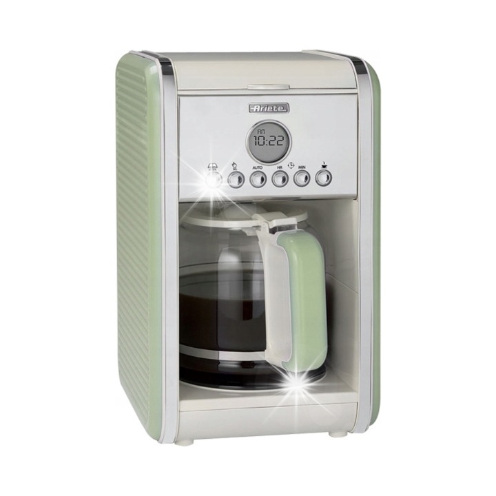 Cafetiera de filtru Ariete 1342/04, programabila, cana din sticla 1,5 l (12 cesti), LCD, timer, functie mentinere temperatura, verde