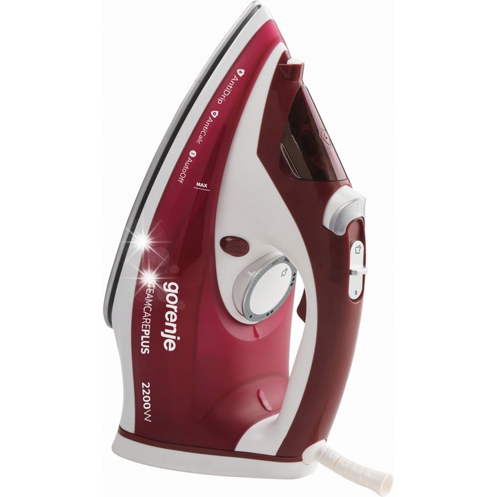Fier de calcat Gorenje SIH2200RBC, 2200 W, talpa ceramica, jet abur 90 g/min, debit abur 30 g/min, rezervor 280 ml, AntiCalc/AntiDrip/Auto off, rosu