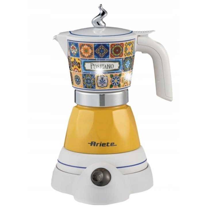 Cafetiera moka electrica Ariete Mokina Positano 13580P (WKU9I5GU1), 480 W, pentru cafea macinata, cu baza 360° si carafa fara fir, pastreaza temperatura 30 min, galben, 250 ml