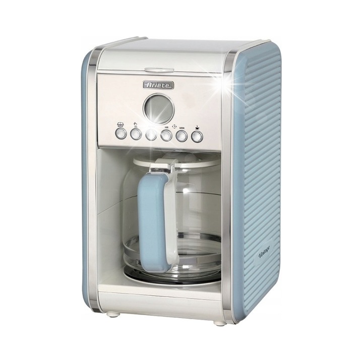 Cafetiera cu filtru Ariete Vintage 1342/05 (09 1342/05), 1100 W, carafa din sticla, timer LCD, programabila, functie mentinere temperatura, filtru detasabil, albastru, 1.5 l