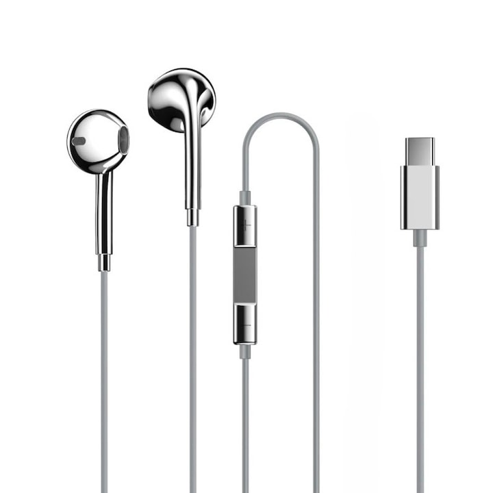 Casti cu Fir Type-C, Luxury Chrome, Compatibile iPhone 17/18 si Android, 1M, Microfon si Control volum, Argintiu