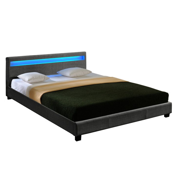Corium® Franciaágy Bamberg 140 x 200 cm szövet LED-es ágykeret kárpitozott design ágy sötétszürke