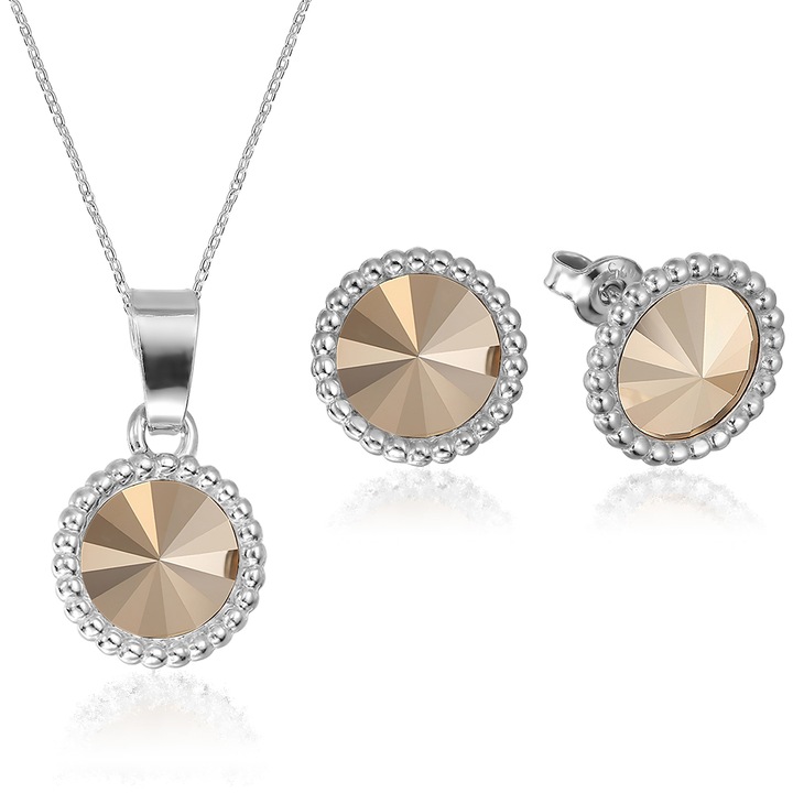 Set Argint 925 placat cu rodiu cu cristale® Rivoli Crown 8mm Rose Gold Surub + Lant