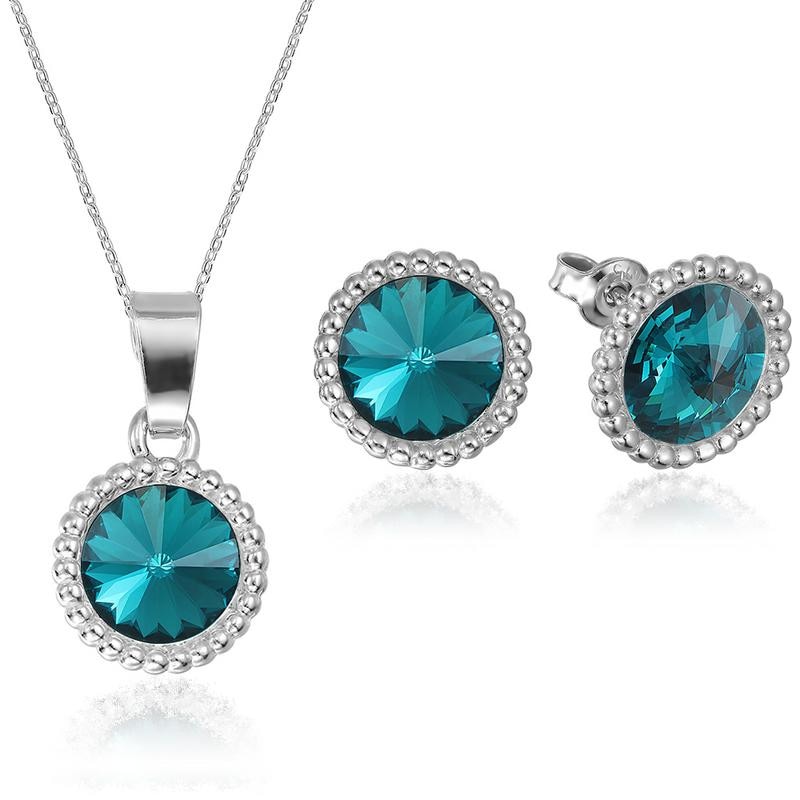 Set Argint 925 placat cu rodiu cu cristale Swarovski® Rivoli Crown 8mm Blue Zircone Surub + Lant