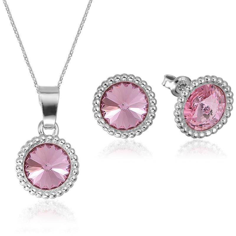 Set Argint 925 placat cu rodiu cu cristale Swarovski® Rivoli Crown 8mm Light Rose Surub + Lant