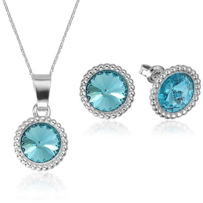 Set Argint 925 placat cu rodiu cu cristale Swarovski® Rivoli Crown 8mm Light Turquoise Surub + Lant