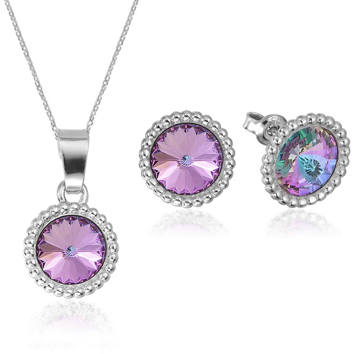 Set Argint 925 placat cu rodiu cu cristale Swarovski® Rivoli Crown 8mm Vitrail Light Surub + Lant