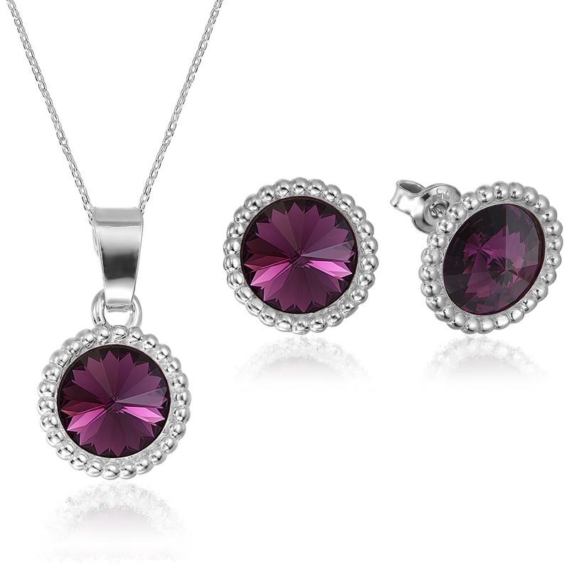 Set Argint 925 placat cu rodiu cu cristale Swarovski® Rivoli Crown 8mm Amethyst Surub + Lant