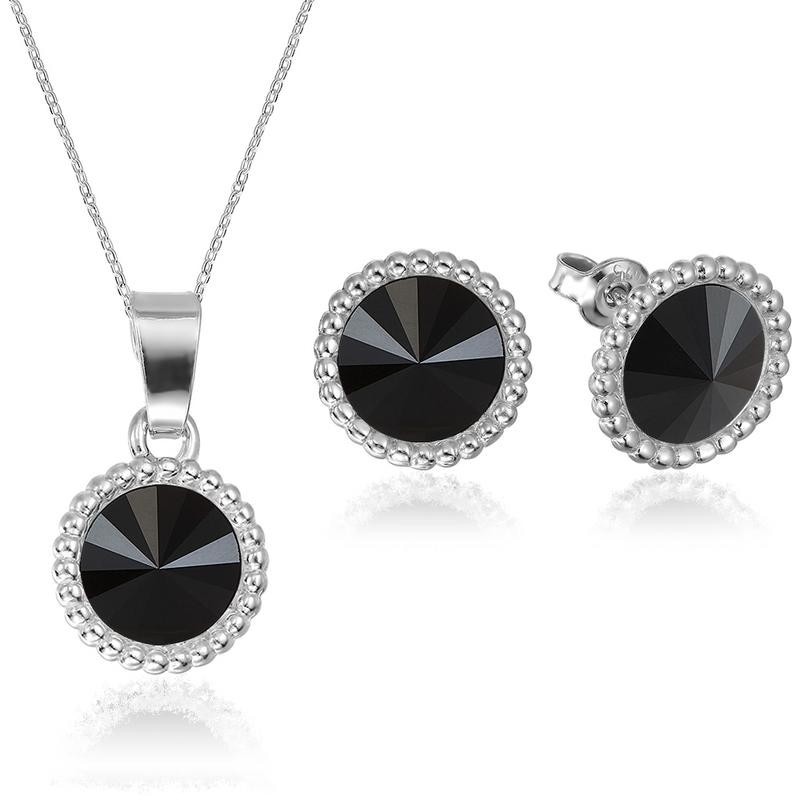 Set Argint 925 placat cu rodiu cu cristale Swarovski® Rivoli Crown 8mm Jet Surub + Lant