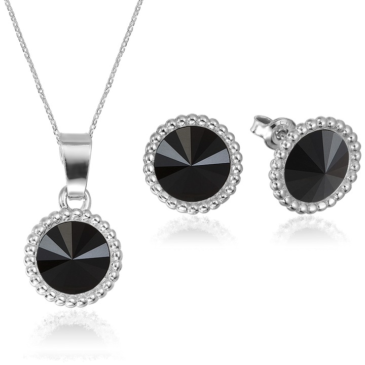 Set Argint 925 placat cu rodiu cu cristale Swarovski® Rivoli Crown 8mm Jet Surub + Lant