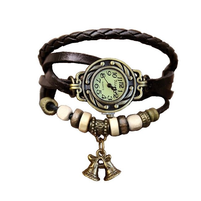 Ceas de dama Retro Vintage, curea din imitatie de piele, accesoriu clopot, culoare maro