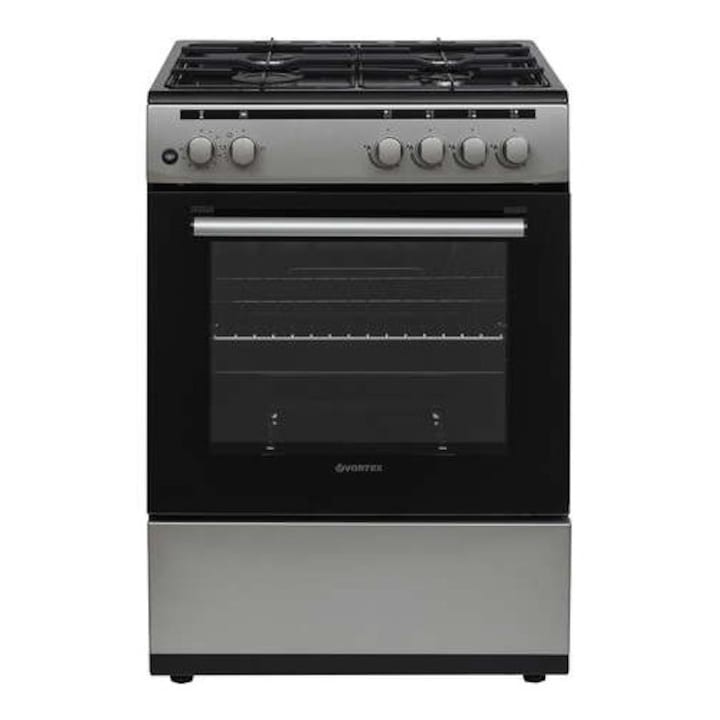 Aragaz pe Gaz Vortex VAG6060SS01V 4 Arzatoare Aprindere Electrica Cuptor cu Grill 60CM Argintiu