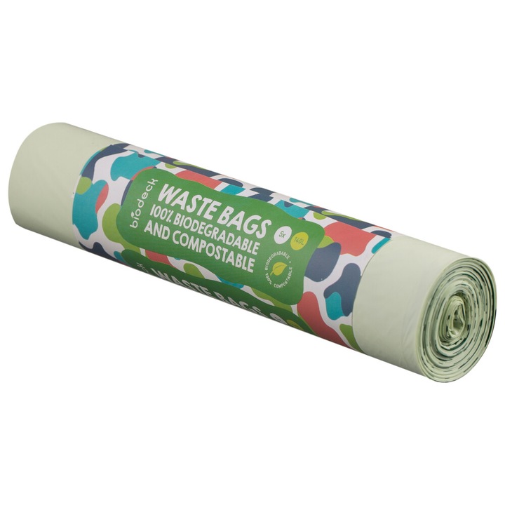 Saci menajeri Biodeck, 140L, 100% Biodegradabili si Compostabili, 5 buc/rola, din Amidon de porumb