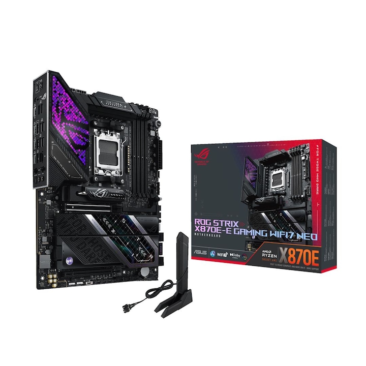 Placa de baza Asus ROG Strix X870E-E Gaming WiFi7 Neo 90MB1P20-M0EAY0, socket AM5, chipset AMD X870E, 4x DDR5 (pana la 5200 MHz, max 256 GB), 5x M.2, 2x PCIe x16, 4x SATA3, USB4/USB-C, Wi‑Fi 7, Bluetooth, 5Gb LAN, HDMI, audio 7.1 + S/PDIF, ATX, RGB, negru