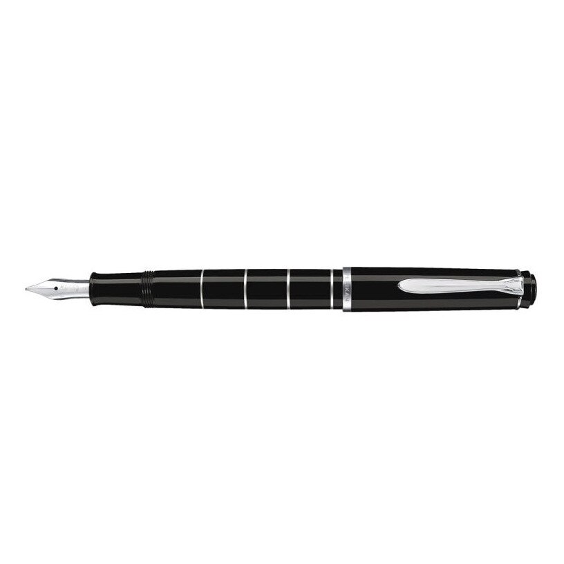 Stilou Pelikan Rings M215 F piston, penita otel inoxidabil, corp negru inele metalice
