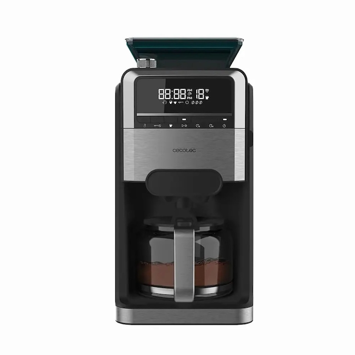 Cafetiera cu rasnita CECOTEC, Grind&Brew, capacitate 12 cani (1.25 litri), functie Keep Warm, programare 24h, capacitate recipient boabe cafea 230 g, ajustare nivel macinare, setare intensitate aroma, rasnita integrata cu lame din otel inoxidabil, negru