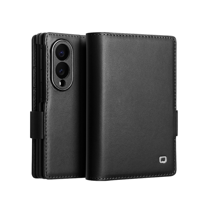 Husa din piele naturala pentru Samsung Galaxy Z Fold8 - tip carte, cu buzunare carduri si bani, stand video, textura mata si neteda, inchidere magnetica discreta, Qialino Business Wallet, Negru - Graphite Black