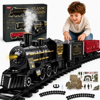Set Trenulet Electric de Jucarie pentru Copii, Locomotiva Clasica cu Aburi, Lumini si Sunete, 2 Vagoane, 12 Sine pentru Circuit Circular, Personaje, Cladiri si Accesorii Feroviare, Design Retro Black Gold, 3+ Ani, Cadou Premium