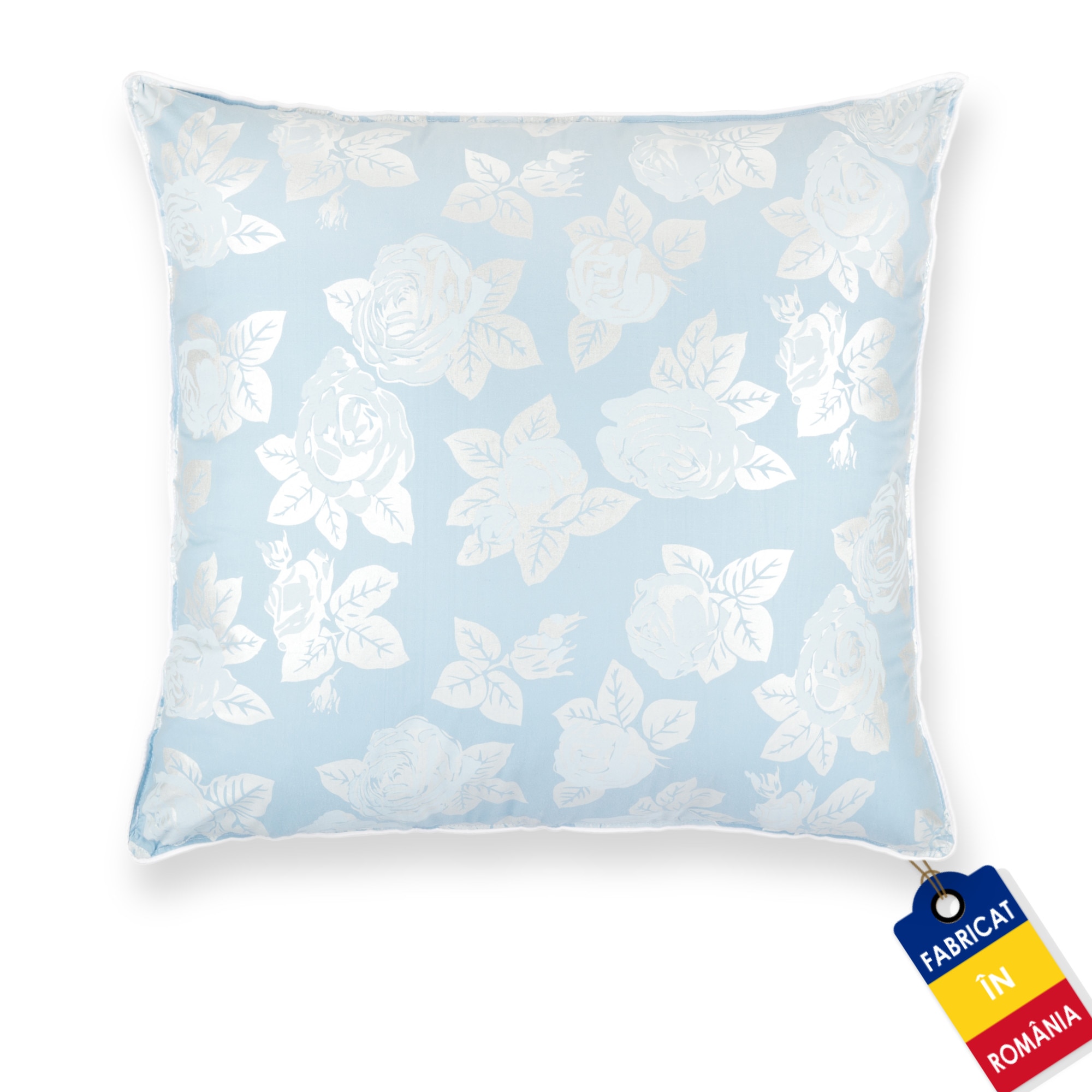 Perna Pernador antialergica din Bumbac, Snowballs, 60x60 cm, albastru cu trandafiri argintii