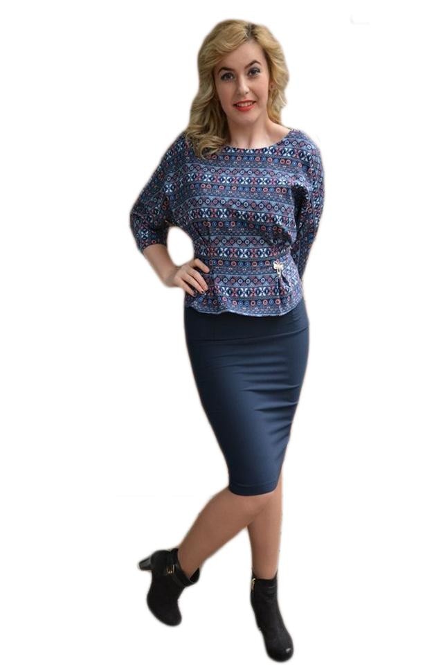 Rochie de zi, formata din fusta si bluza colorata, D&J Exclusive, Albastru marin