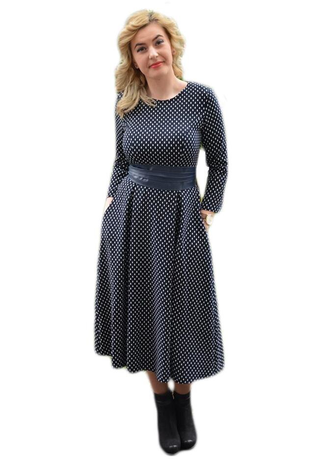 Rochie rafinata cu imprimeu alb, D&J Exclusive, Albastru marin