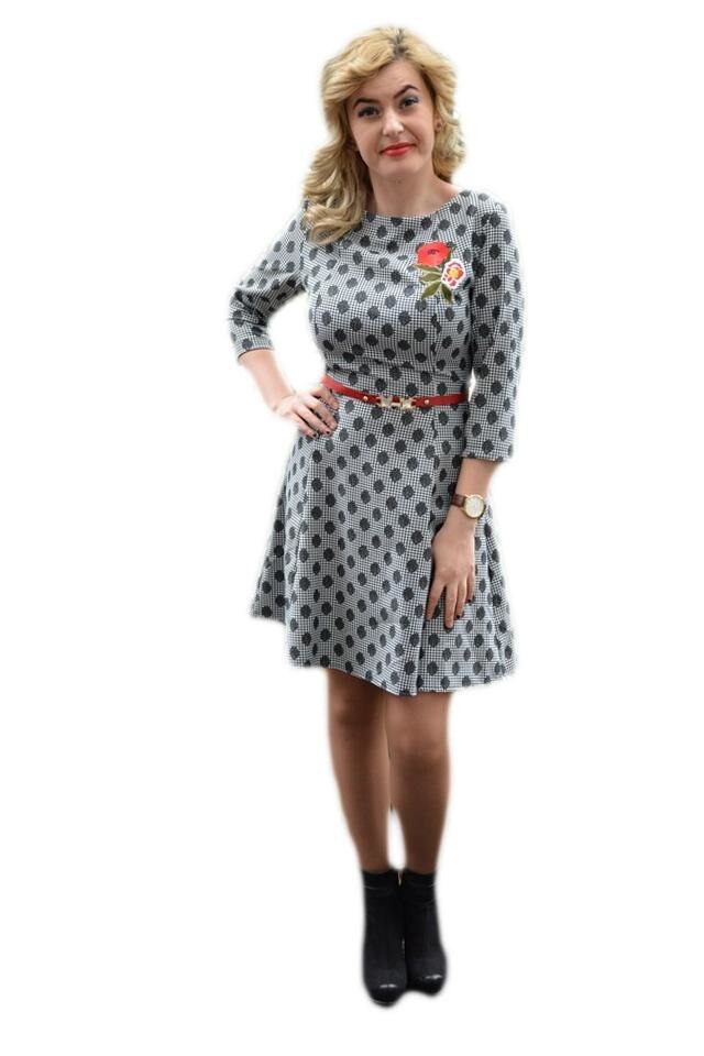 Rochie rafinata de zi cu flori brodate si design de buline , D&J Exclusive, Negru/Gri