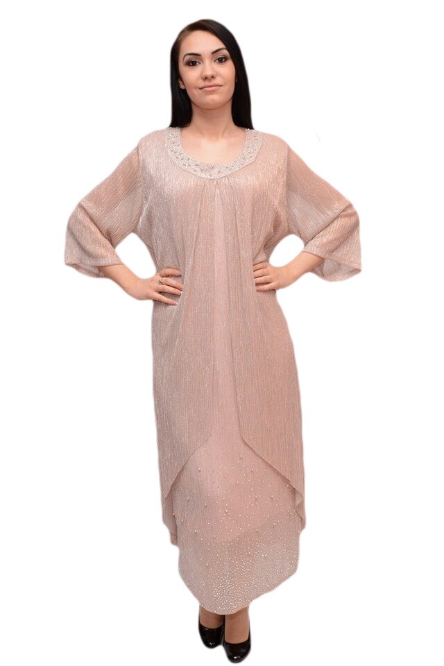 Rochie de gala din doua piese, material vaporos , D&J Exclusive, pudra