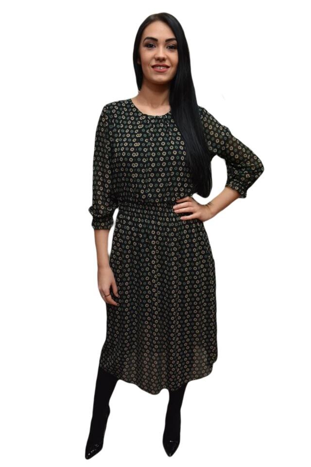 Rochie rafinata cu maneca trei-sferturi si insertii de elastic, D&J Exclusive, Negru/Verde