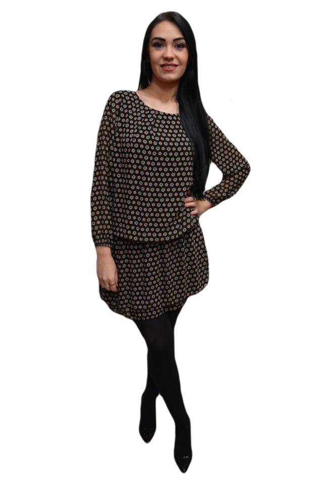 Rochie vaporoasa cu maneca trei-sferturi, D&J Exclusive, Negru/Maro