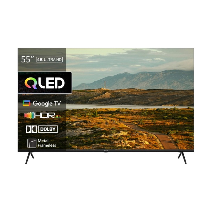 Televizor Smart QLED Arielli QLED55UD10GTV, Ultra HD 4K 3840 x 2160, Google TV, HDR, Dolby Atmos, 139 cm, Clasa E, Negru