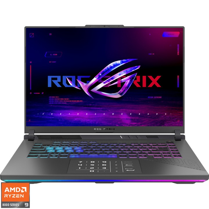 Laptop ASUS Gaming 16'' ROG Strix G16 G614PH, FHD+ 165Hz, Procesor AMD Ryzen™ 9 8940HX (64M Cache, up to 5.30 GHz), 16GB DDR5, 512GB SSD, GeForce RTX 5050 8GB, No OS, Eclipse Gray