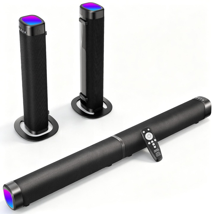 Soundbar Corenia QRE-5012285, 240 W, iluminare RGB, Bluetooth 5.3, design 2-in-1 detasabil (bara sau 2 sateliti), 3 moduri EQ, negru, 42 cm latime