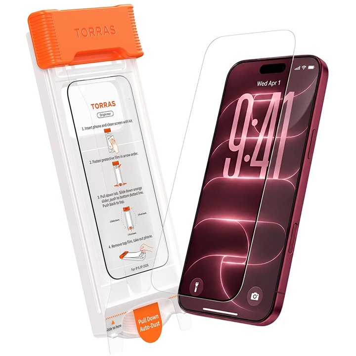 Folie Sticla pentru iPhone 18 Pro Max / iPhone 17 Pro Max Torras OrigArmor AR, Kit de instalare usoara si rapida cu dispozitiv de potrivire automata, Protectie Profesionala, Ultra Rezistenta, Transparenta