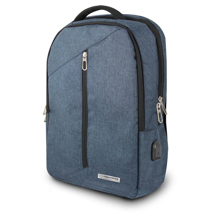 Rucsac laptop Esperanza TARANTO ET196, 15.6 inch, compartiment captusit, 2 compartimente cu fermoar, port USB, poliester 300D, Albastru