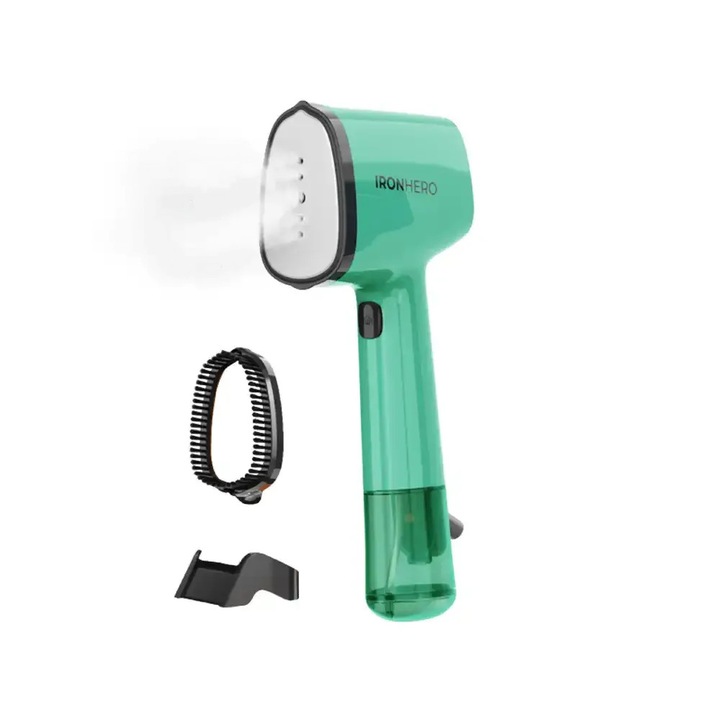Aparat de calcat vertical cu aburi CECOTEC, IronHero, compact si usor, ideal pentru calatorii, Power Steam, Clean Steam, Fast Steam, debit abur 25 g/min, Low/High, talpa din aluminiu cu invelis ceramica, dezinfecteaza/curata/netezeste, verde
