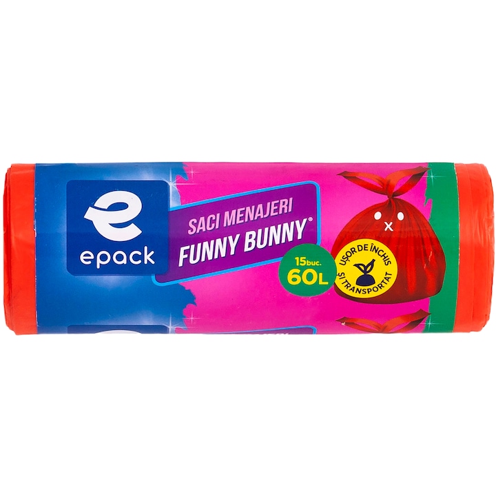 Epack Funny Bunny szemeteszsák, 60 l, 60 x 71 cm + 16 cm, 15 darab/tekercs, Piros