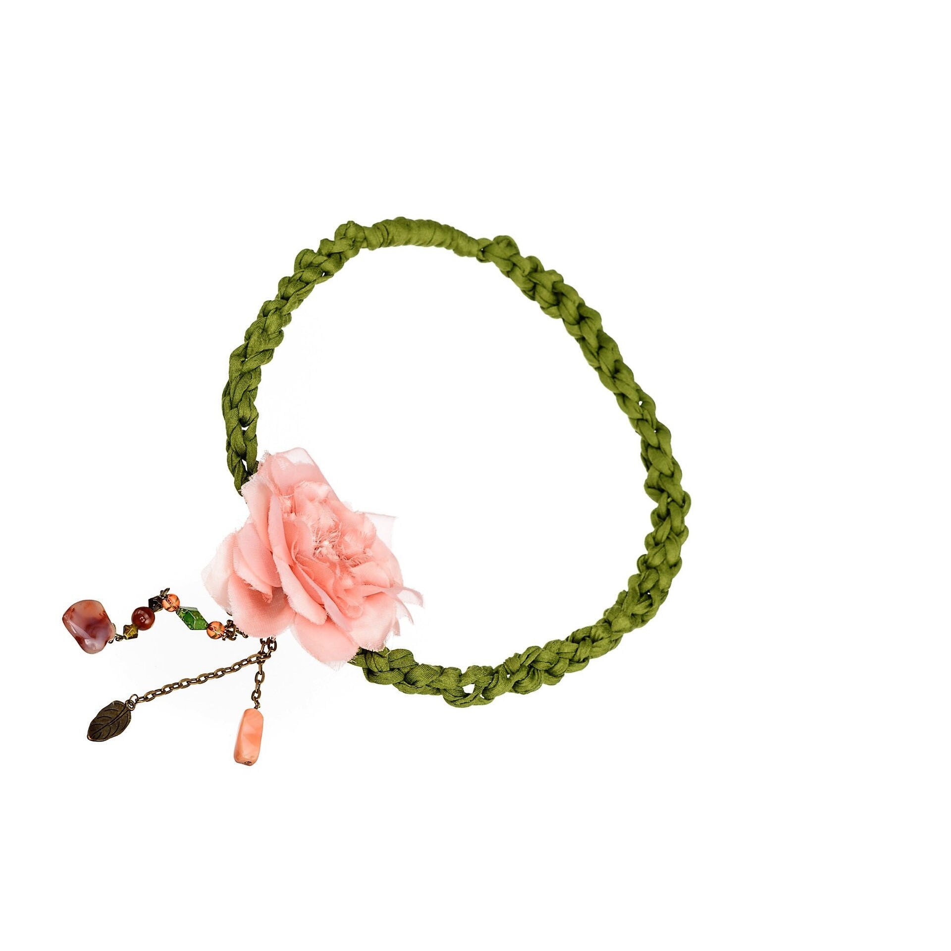 Colier Statement Verde Kaki Textil Handmade