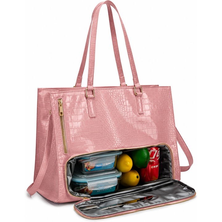 Geanta Dama 2 in 1, Royalfair, pentru Laptop 15, 6” si Pranz, Compartiment Termoizolant, Geanta Office/Business, Multiple Compartimente, Material Impermeabil, Curea de Umar, Roz